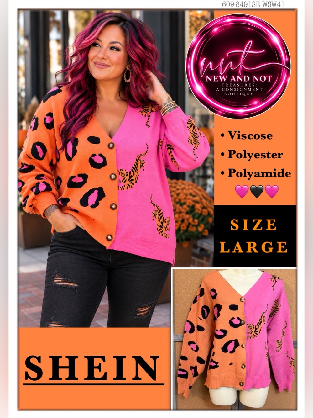 Women’s Colorblock Tiger Leopard Cardigan Sweater Pink Orange Button Size LG